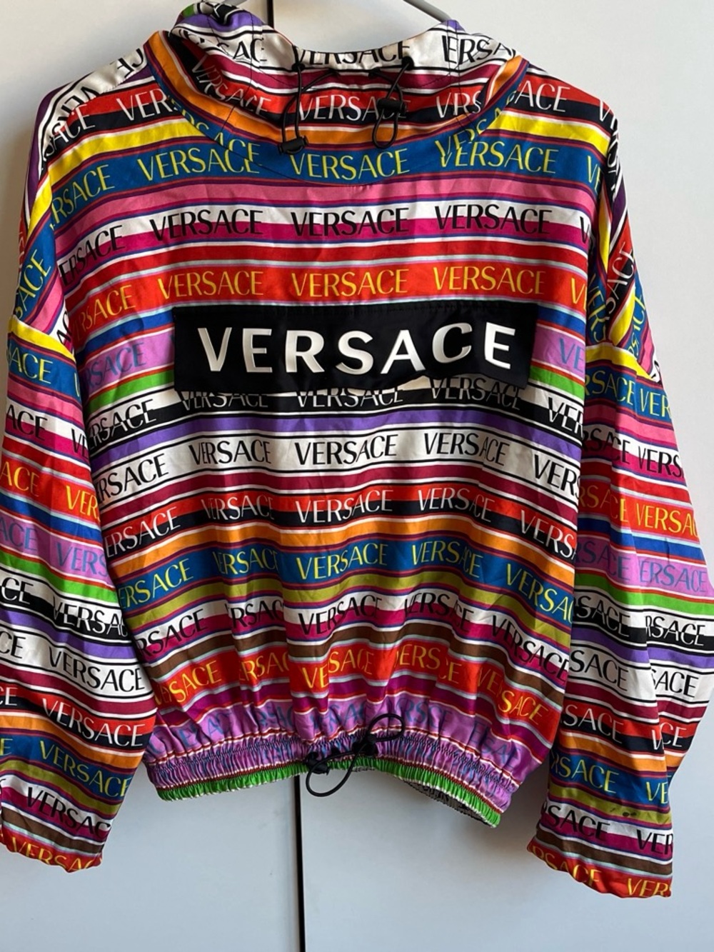Versace Men’s Multicolor Striped Logo Zip Hoodie - Black Logo Panel